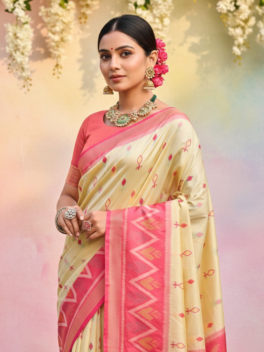 Ivory cream woven saree for women with pink contrast border and tassel pallu