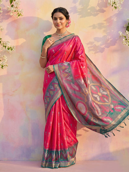 Hot pink woven saree with grey rich pallu and green contrast border for women