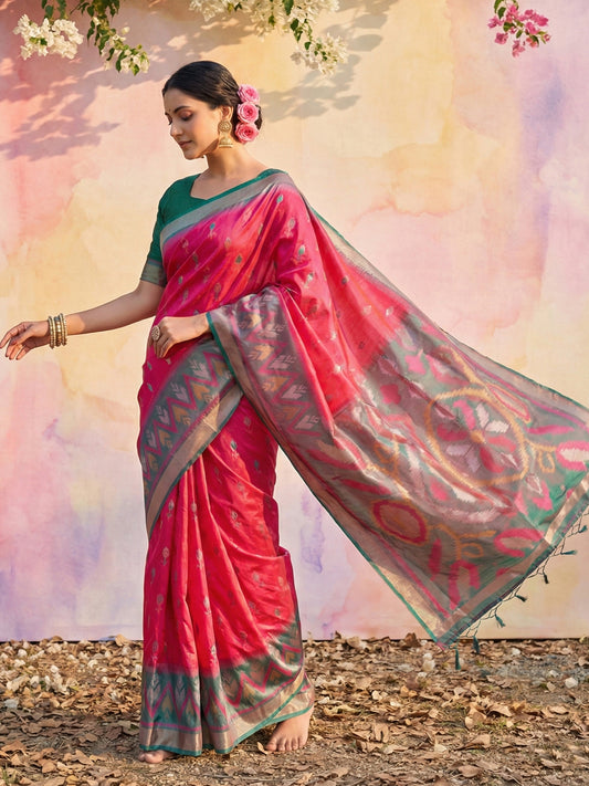 Hot pink woven saree with grey rich pallu and green contrast border for women