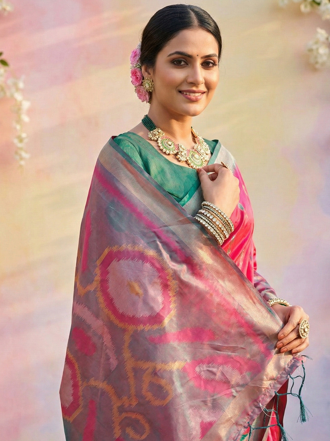 Hot pink woven saree with grey rich pallu and green contrast border for women