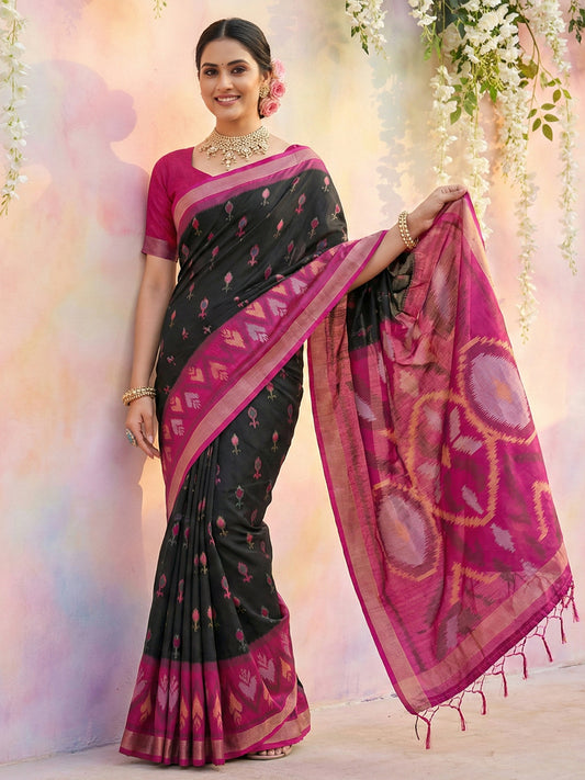Black woven saree for women with magenta contrast border and tassel pallu party wear