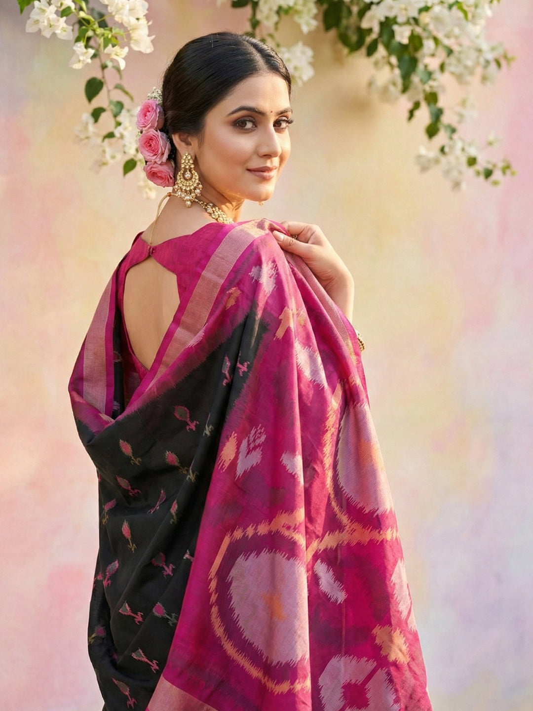 Black woven saree for women with magenta contrast border and tassel pallu party wear