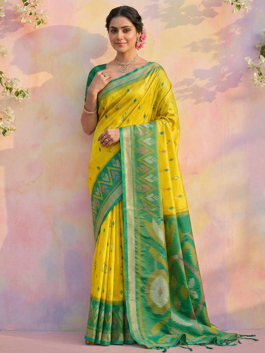 Mustard yellow woven saree with green contrast border and rich pallu for haldi festive wear