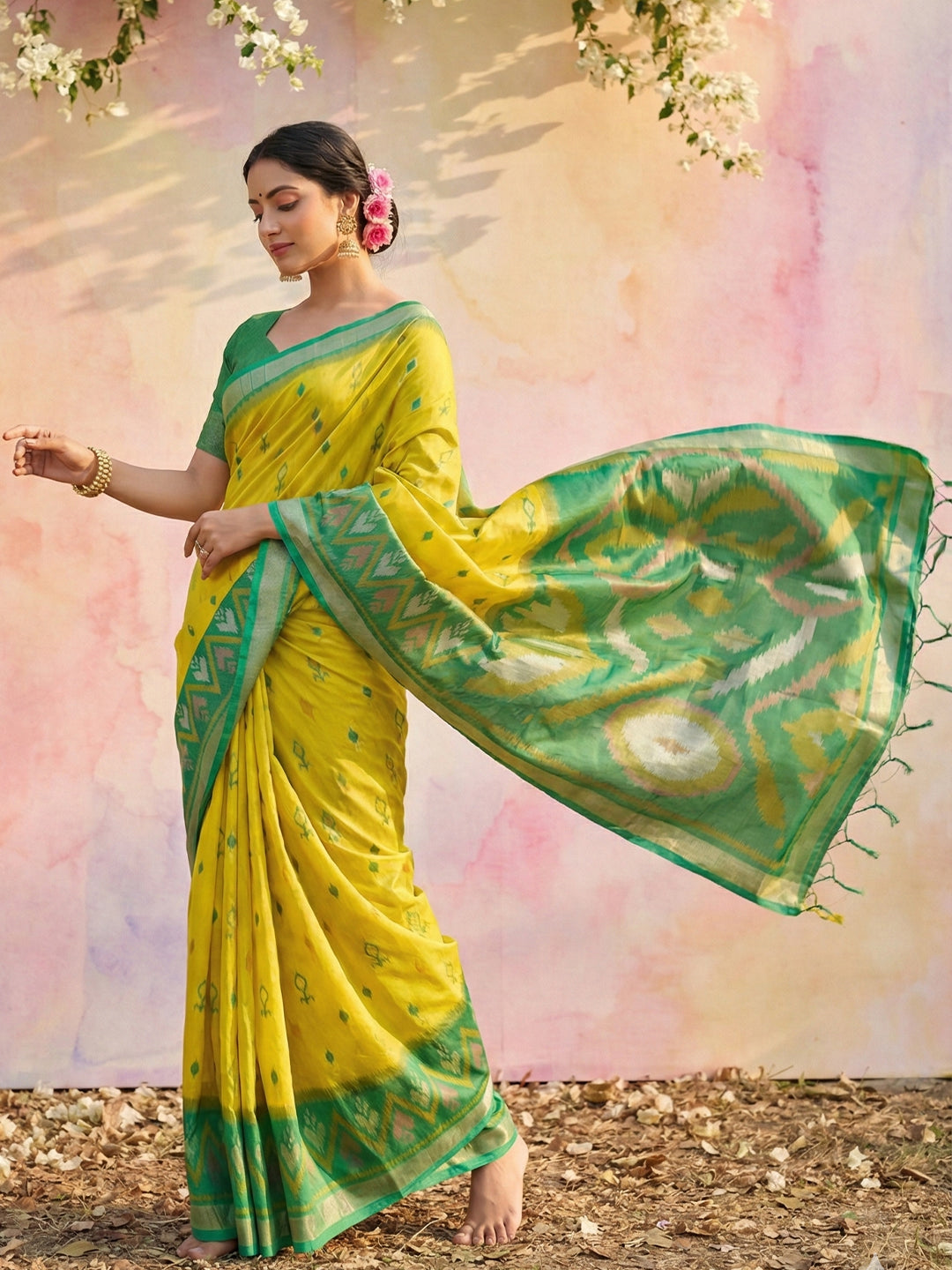 Mustard yellow woven saree with green contrast border and rich pallu for haldi festive wear