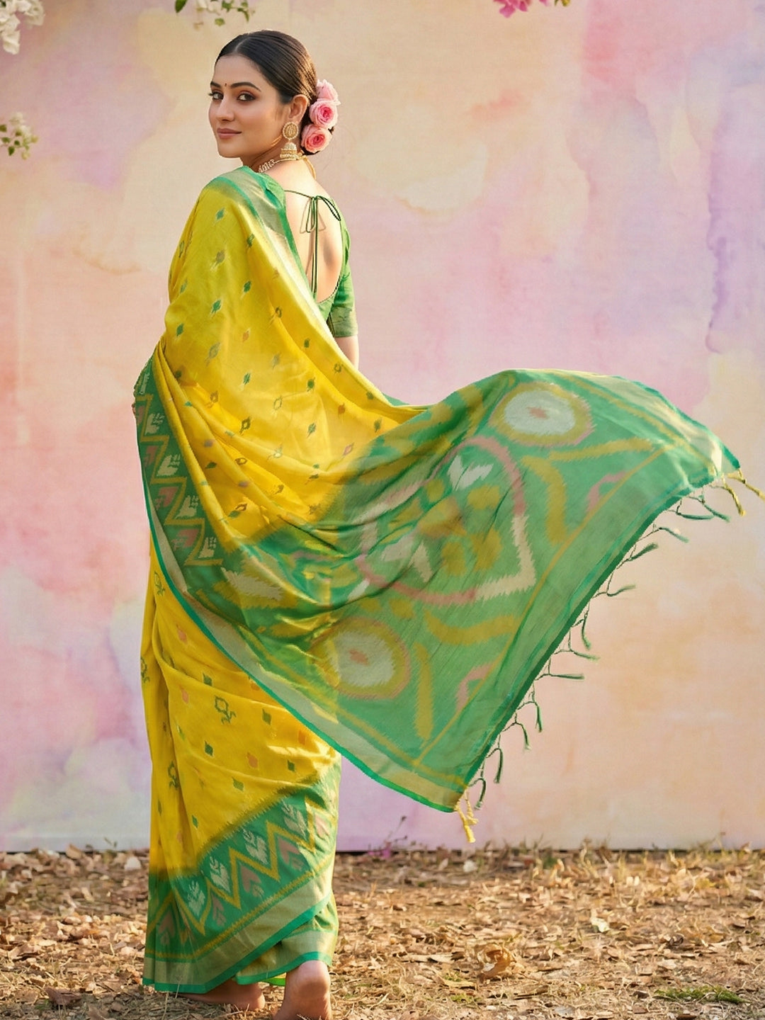 Mustard yellow woven saree with green contrast border and rich pallu for haldi festive wear
