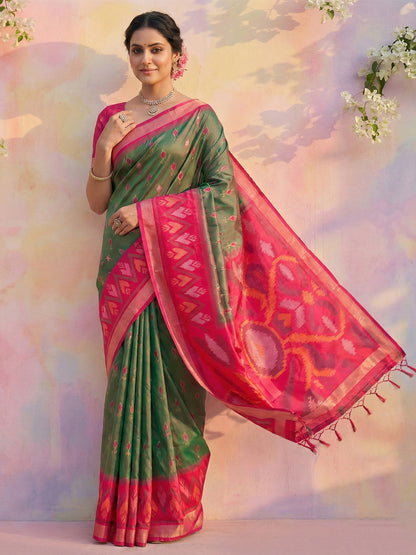 Sutriti Olive Green Pochampalli Silk Saree | Traditional Wedding & Festive Wear Saree