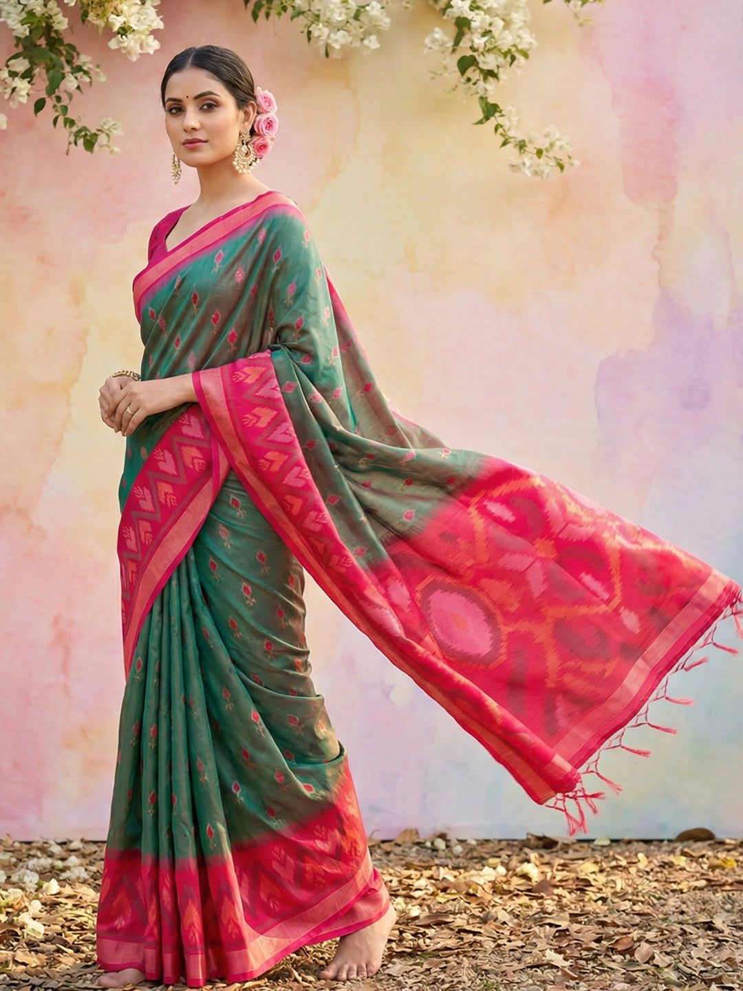 Sutriti Olive Green Pochampalli Silk Saree | Traditional Wedding & Festive Wear Saree