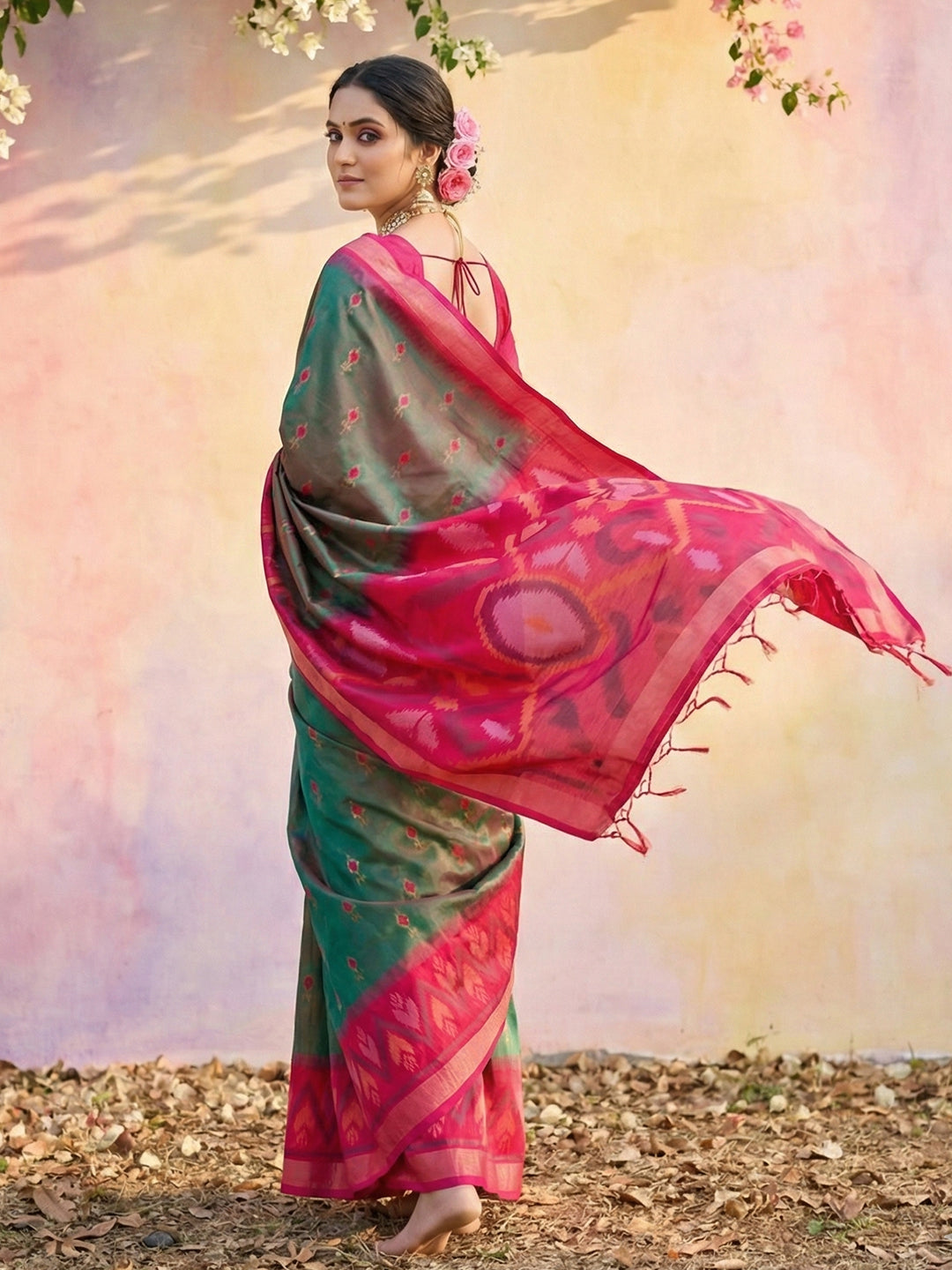 Sutriti Olive Green Pochampalli Silk Saree | Traditional Wedding & Festive Wear Saree