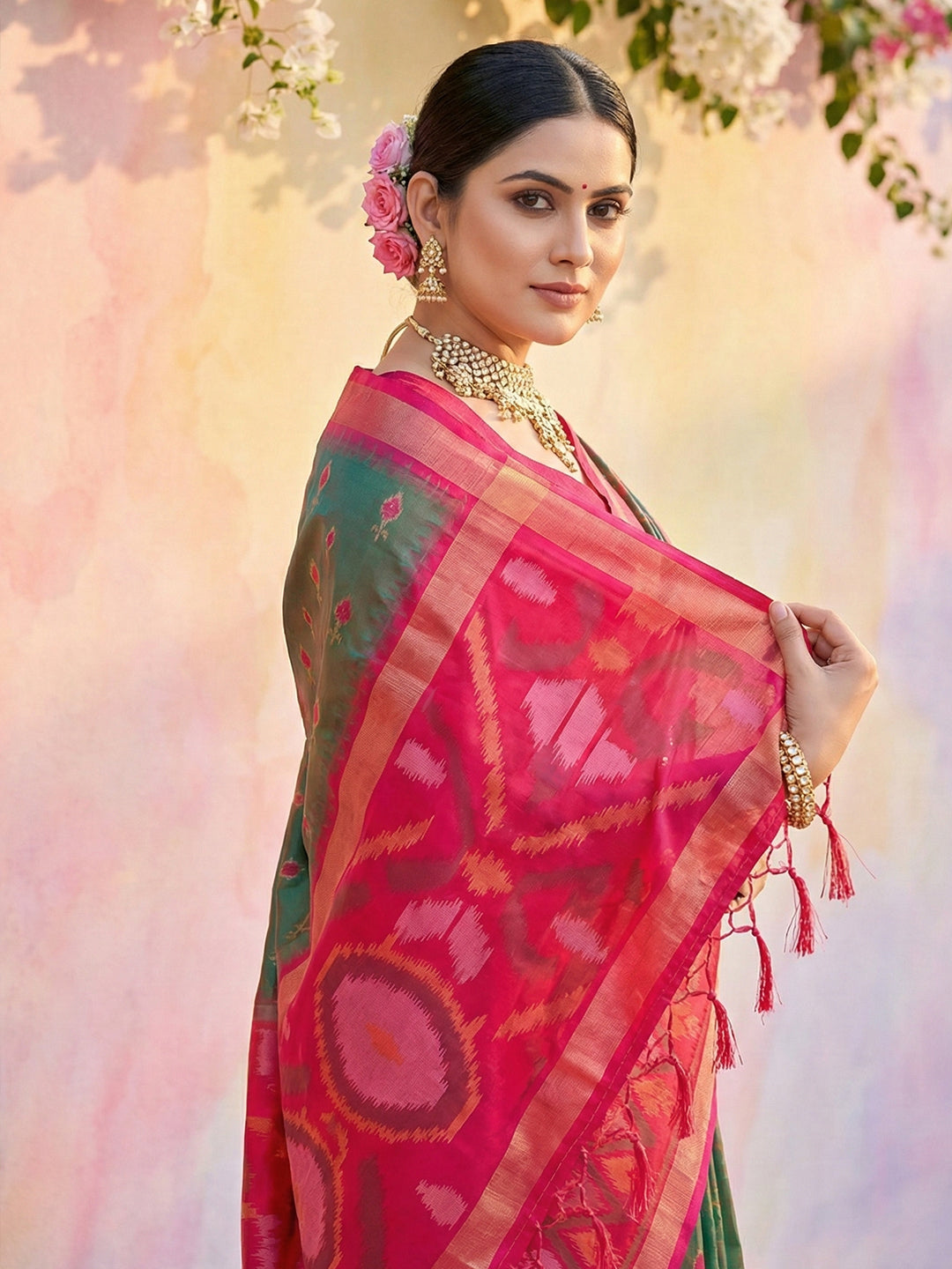 Sutriti Olive Green Pochampalli Silk Saree | Traditional Wedding & Festive Wear Saree