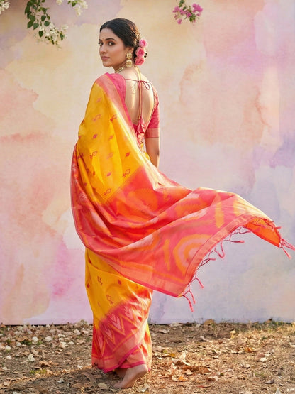 Mustard yellow woven saree with pink contrast border and rich pallu for festive wear
