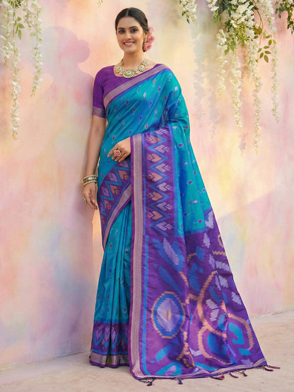 Teal blue woven saree for women with purple contrast border and rich pallu