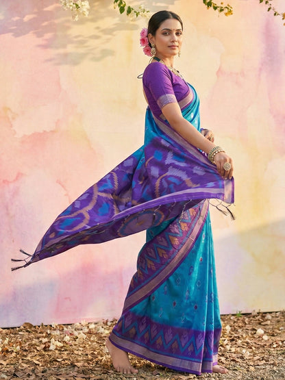Teal blue woven saree for women with purple contrast border and rich pallu