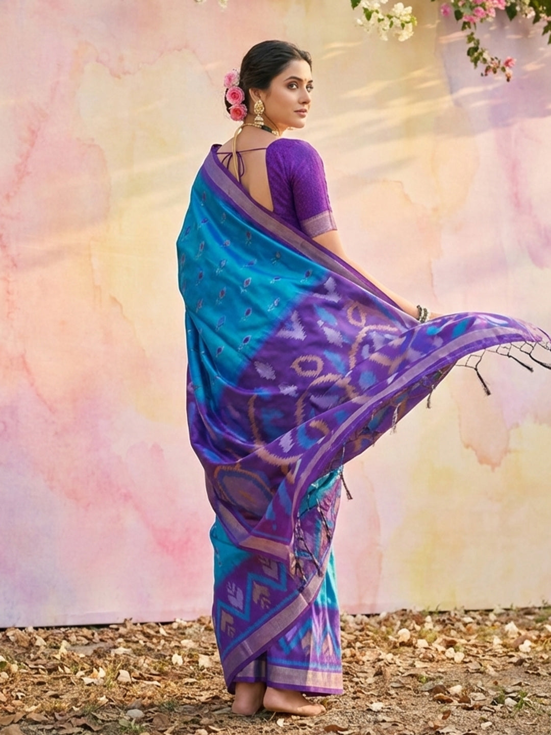 Teal blue woven saree for women with purple contrast border and rich pallu