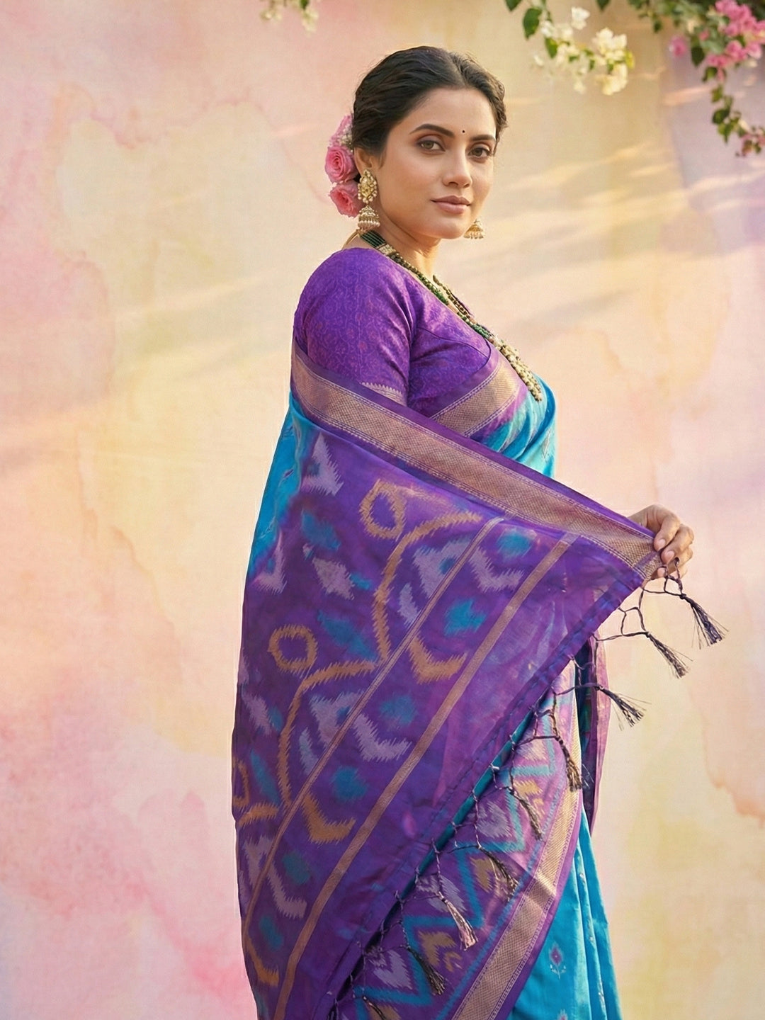 Teal blue woven saree for women with purple contrast border and rich pallu