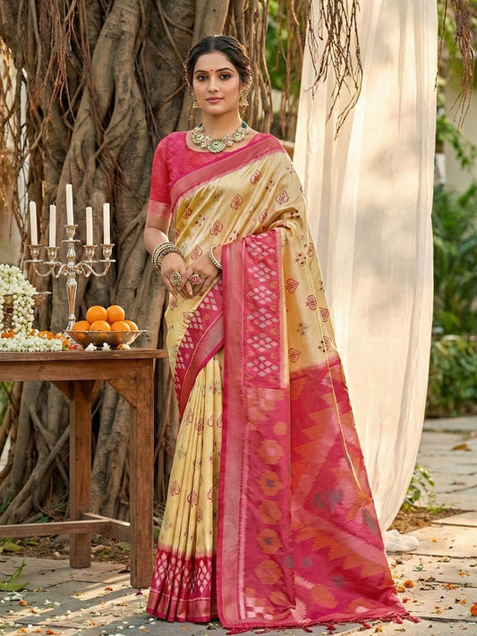 Beige cream woven saree with pink contrast border and rich pallu for women