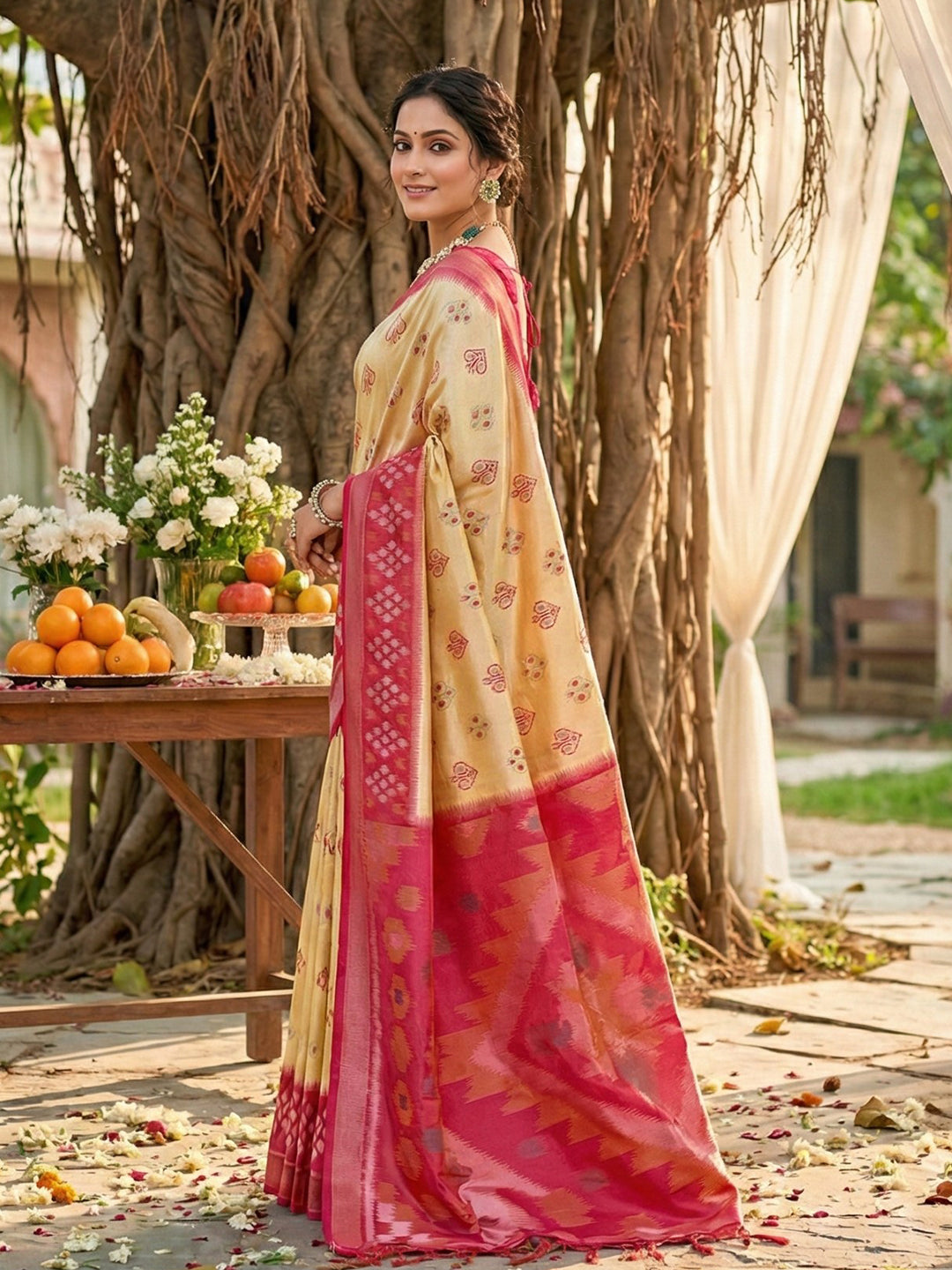 Beige cream woven saree with pink contrast border and rich pallu for women