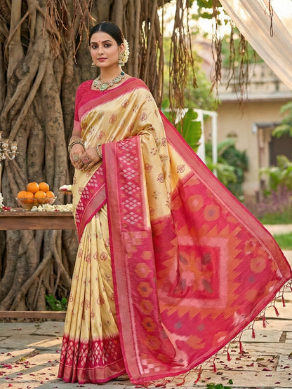 Beige cream woven saree with pink contrast border and rich pallu for women