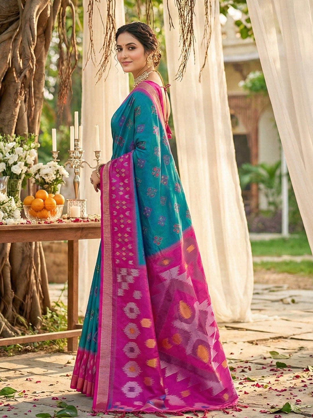 Sutriti Teal Blue Pochampalli Silk Saree | Elegant Traditional Wedding & Festive Wear Saree