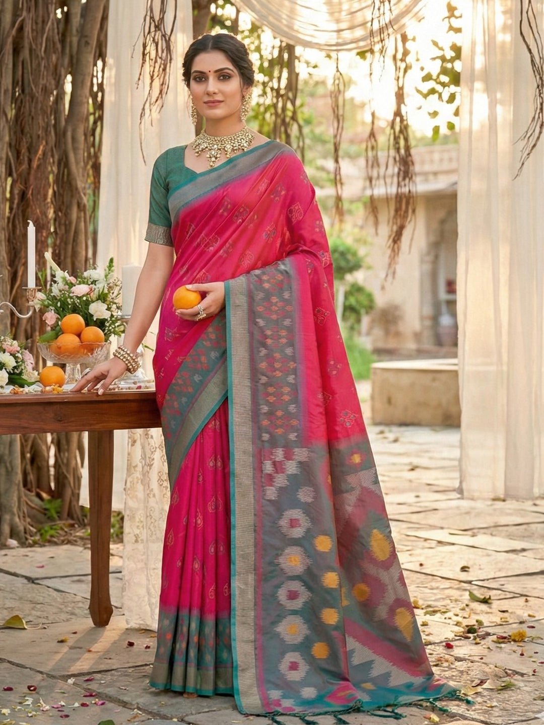 Hot pink woven saree with grey rich pallu and teal contrast border for women