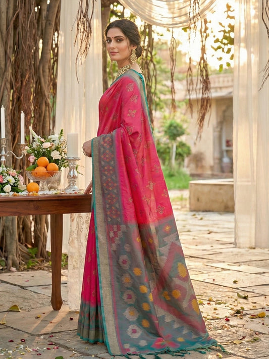 Hot pink woven saree with grey rich pallu and teal contrast border for women