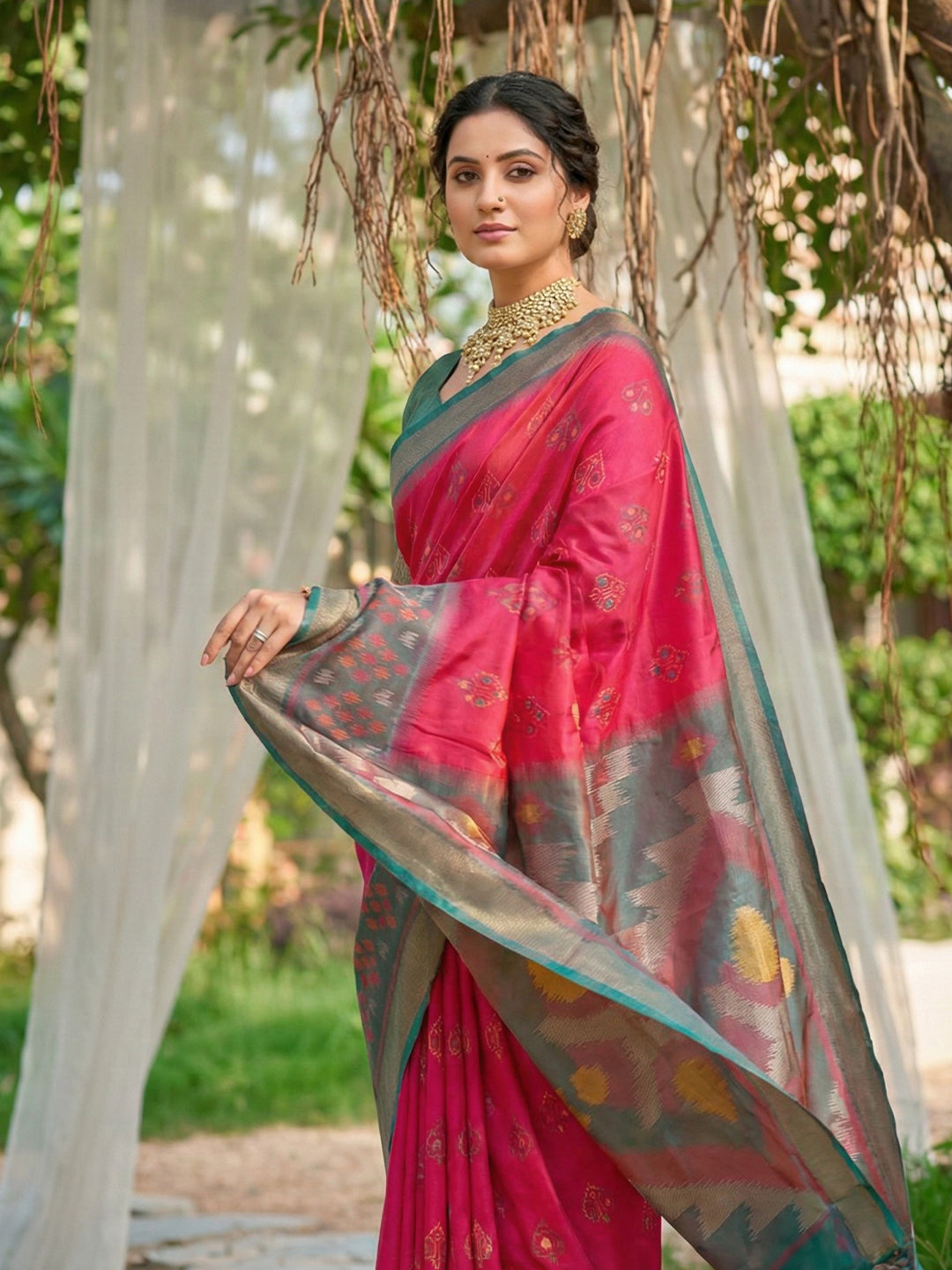 Hot pink woven saree with grey rich pallu and teal contrast border for women
