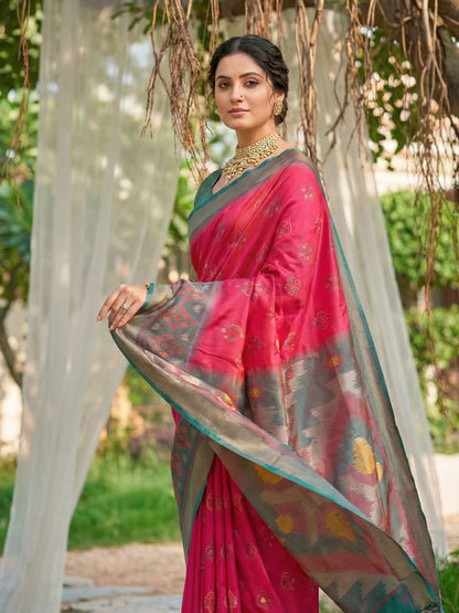 Hot pink woven saree with grey rich pallu and teal contrast border for women
