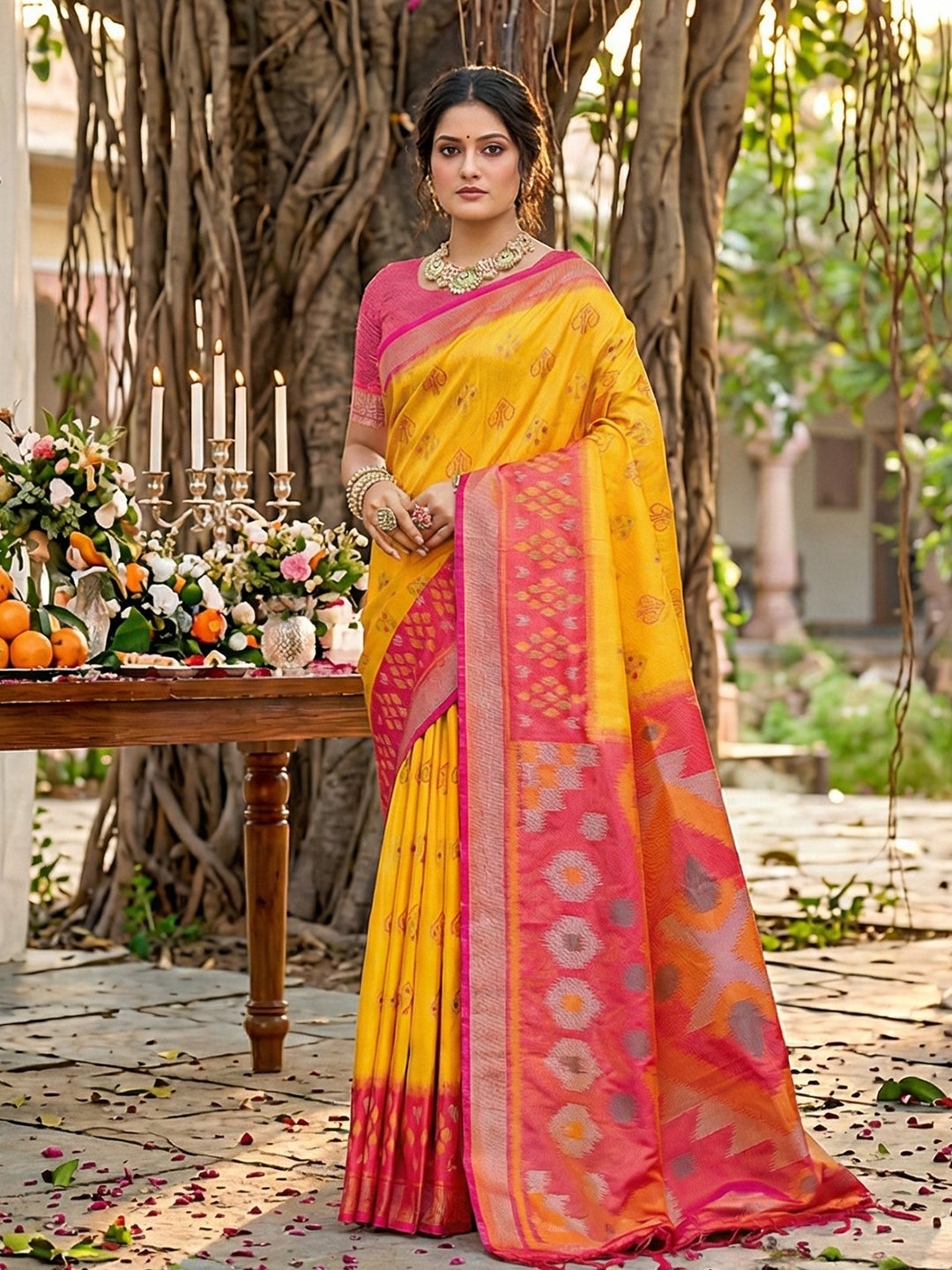 yellow woven saree with pink contrast border and rich pallu for festive wear