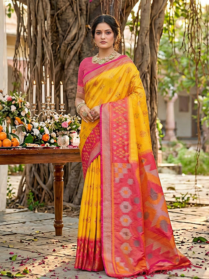 yellow woven saree with pink contrast border and rich pallu for festive wear