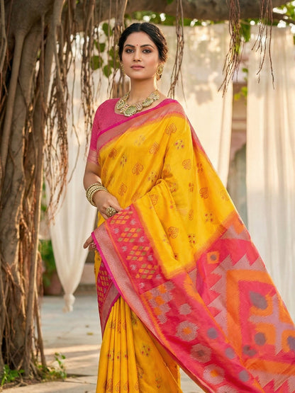 yellow woven saree with pink contrast border and rich pallu for festive wear