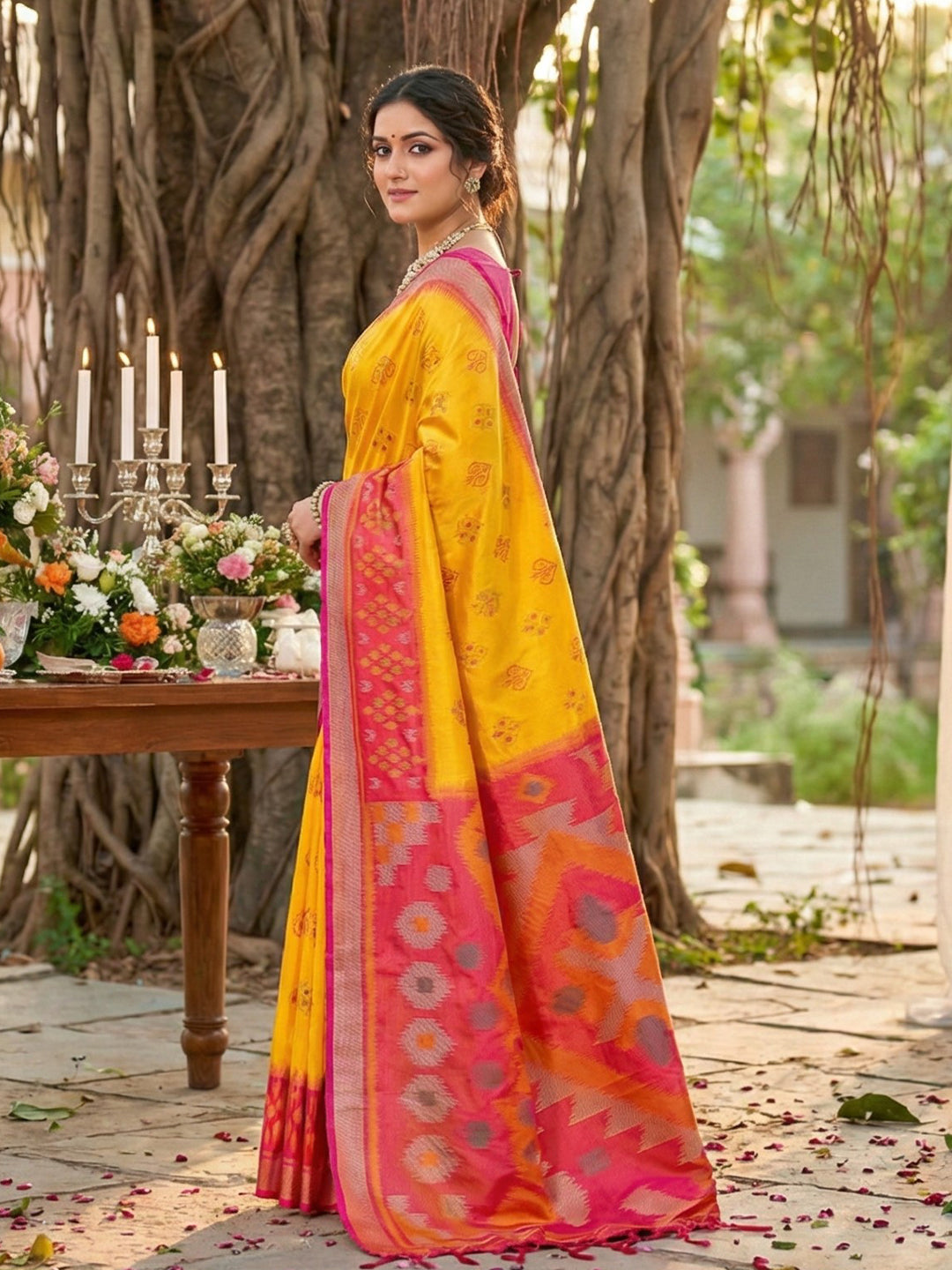 yellow woven saree with pink contrast border and rich pallu for festive wear