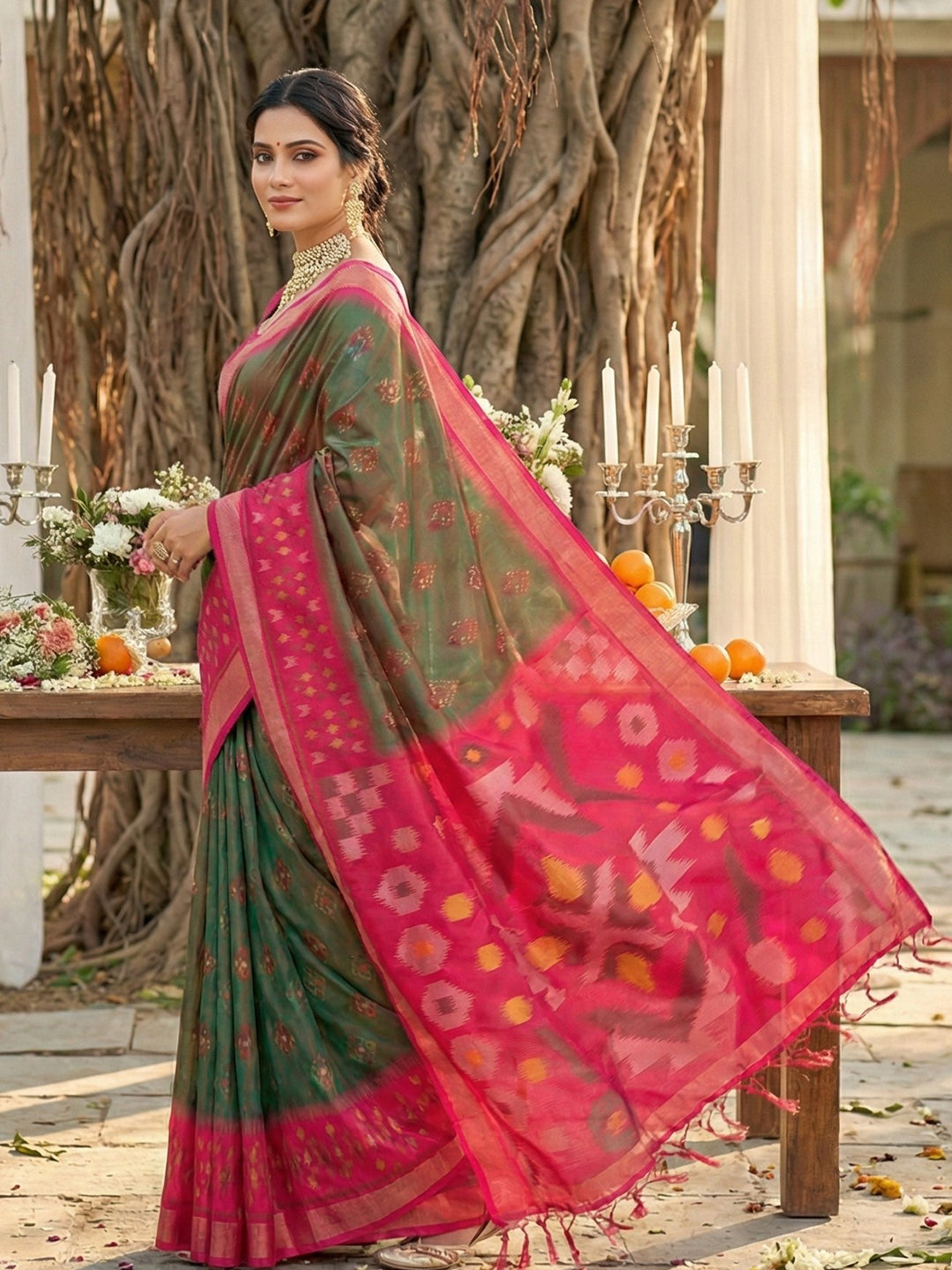 Sutriti Olive Green Pochampalli Silk Saree | Elegant Traditional Wedding & Festive Wear Saree