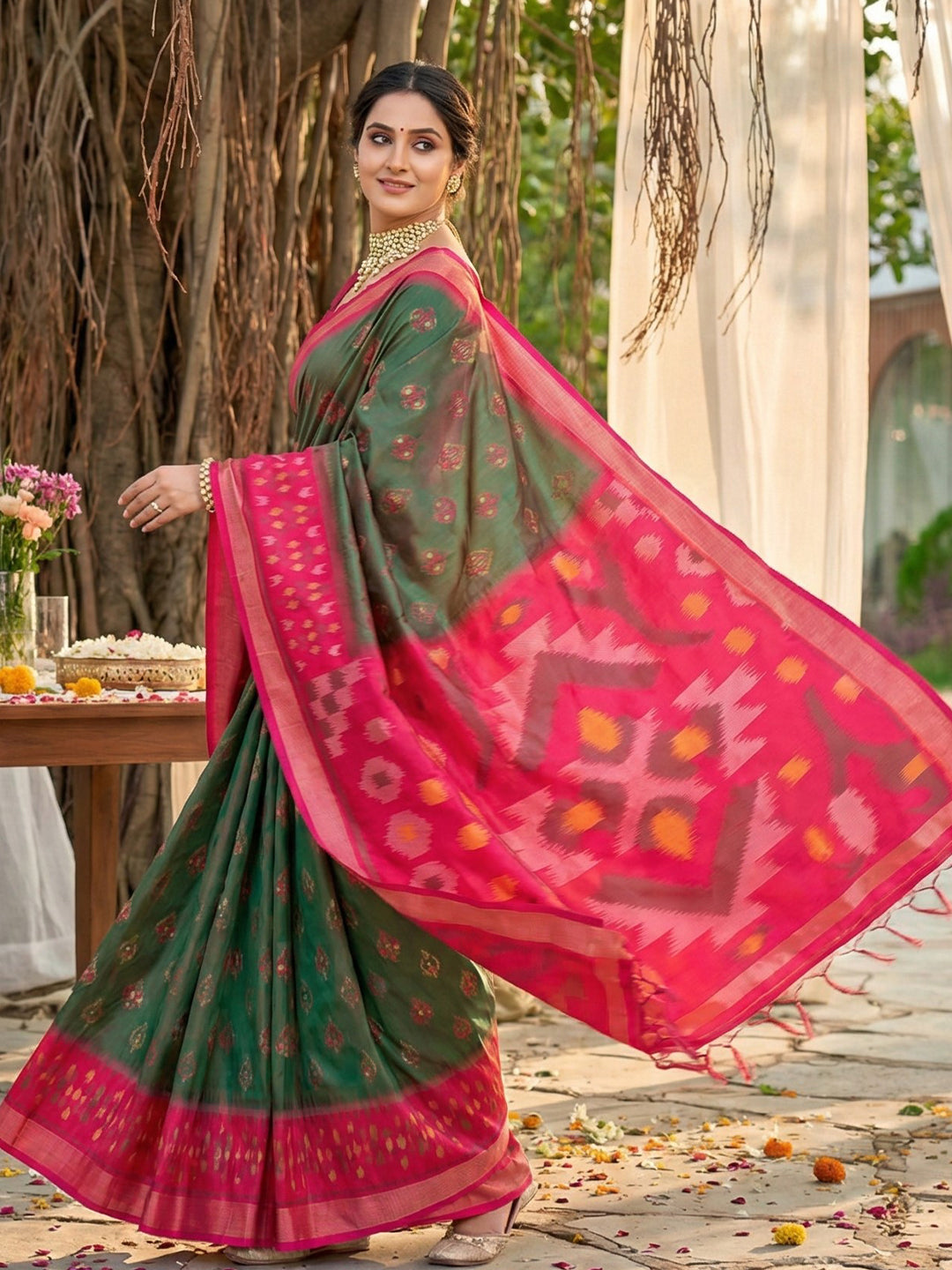 Sutriti Olive Green Pochampalli Silk Saree | Elegant Traditional Wedding & Festive Wear Saree