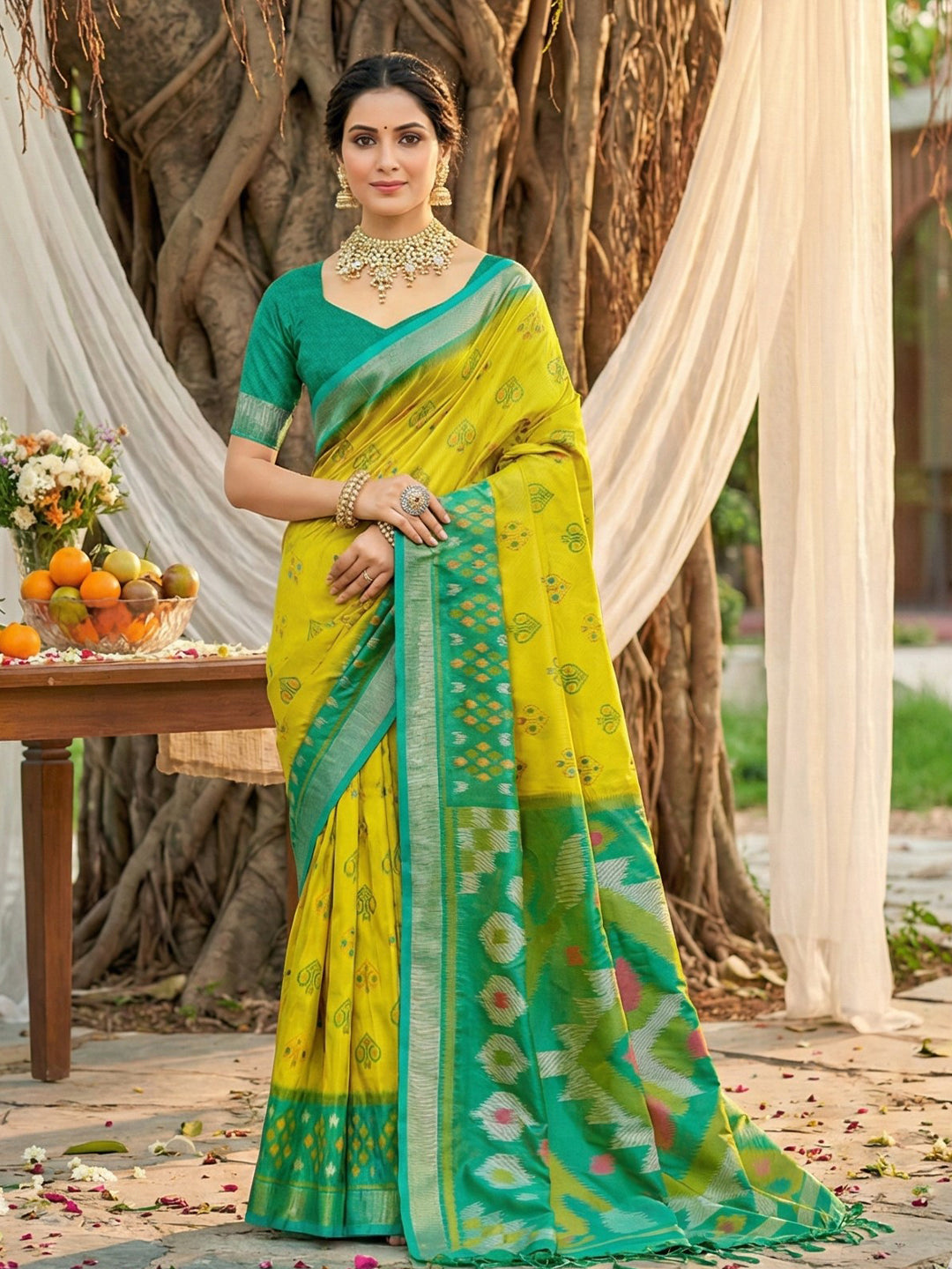 Lime yellow woven saree with green contrast border and rich pallu for haldi festive wear