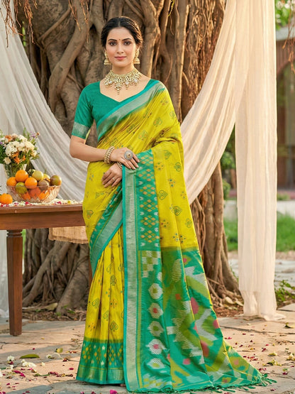 Lime yellow woven saree with green contrast border and rich pallu for haldi festive wear