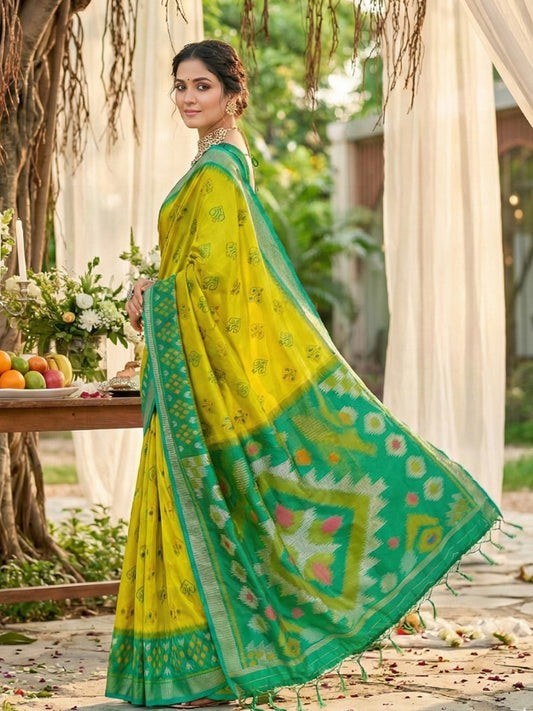 Lime yellow woven saree with green contrast border and rich pallu for haldi festive wear