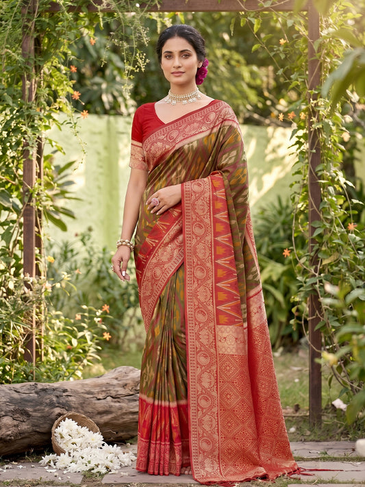 Sutriti Mhendi Green Pochampalli Silk Saree | Elegant Traditional Wedding & Festive Wear Saree