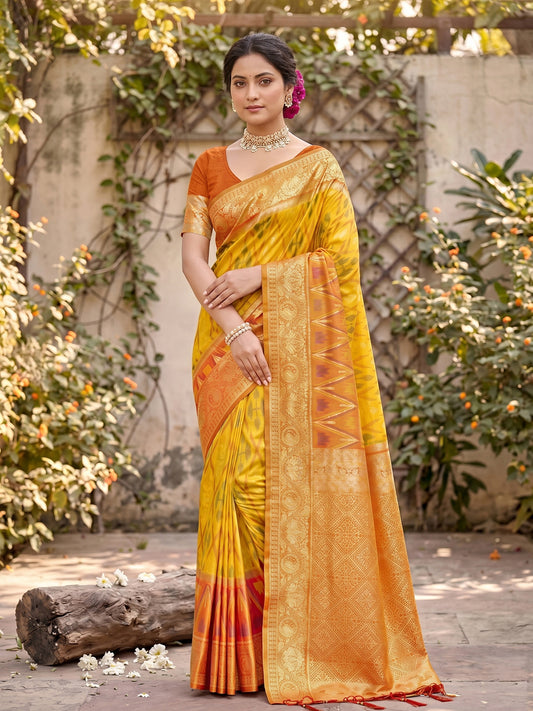 Sutriti Yellow Pochampalli Silk Saree | Elegant Traditional Wedding & Festive Wear Saree