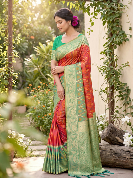 Sutriti Orange Pochampalli Silk Saree | Elegant Traditional Wedding & Festive Wear Saree