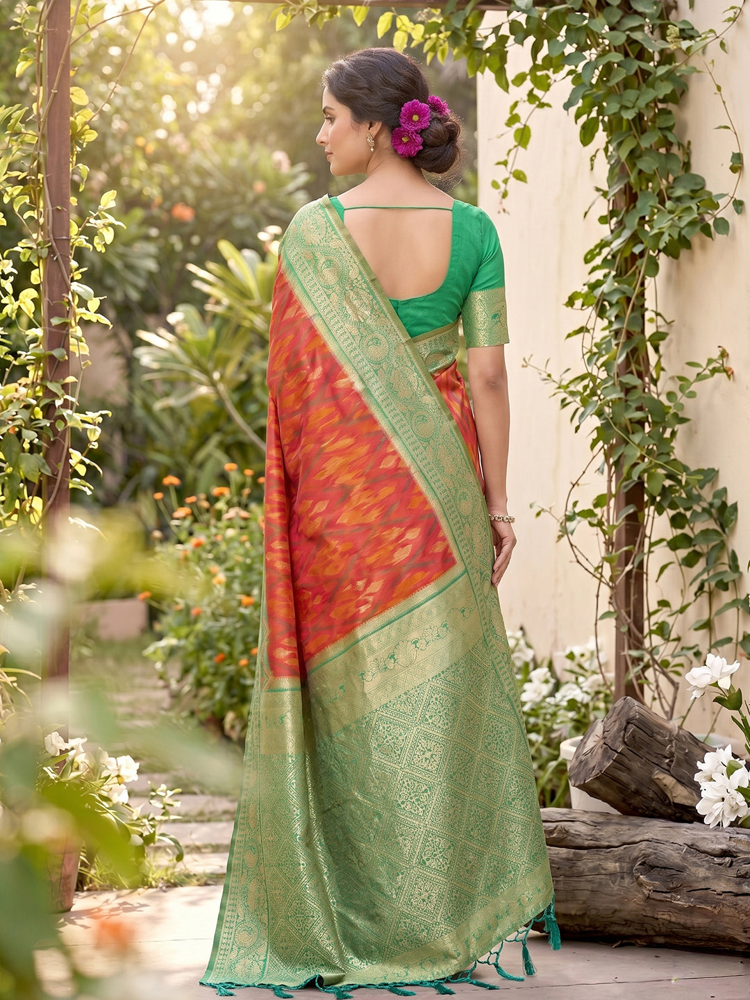 Sutriti Orange Pochampalli Silk Saree | Elegant Traditional Wedding & Festive Wear Saree