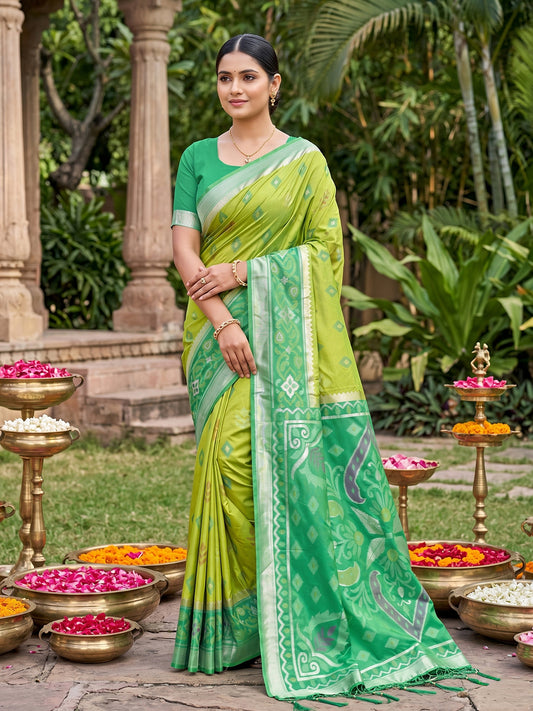 Sutriti Light Green Pochampalli Silk Saree | Elegant Traditional Wedding & Festive Wear Saree