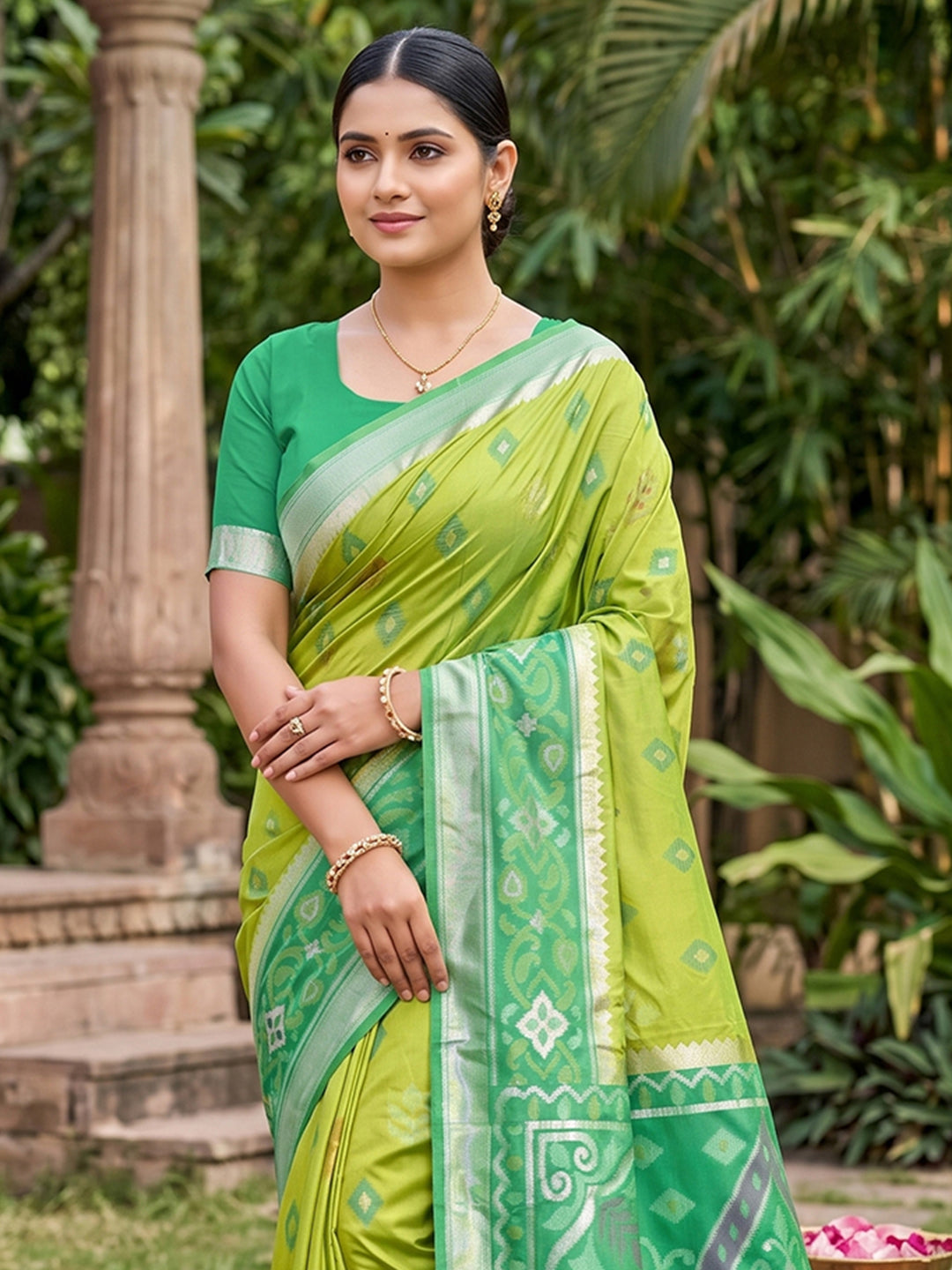 Sutriti Light Green Pochampalli Silk Saree | Elegant Traditional Wedding & Festive Wear Saree