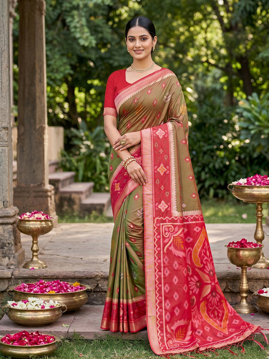 Sutriti Olive Green Pochampalli Silk Saree | Elegant Traditional Wedding & Festive Wear Saree