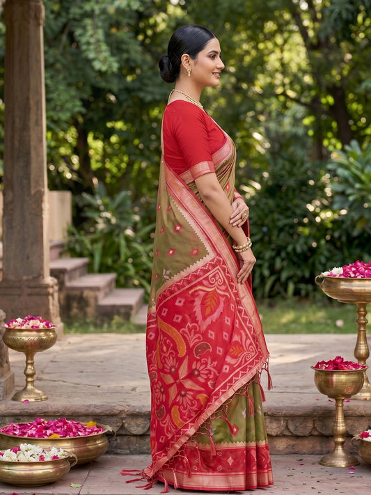 Sutriti Olive Green Pochampalli Silk Saree | Elegant Traditional Wedding & Festive Wear Saree