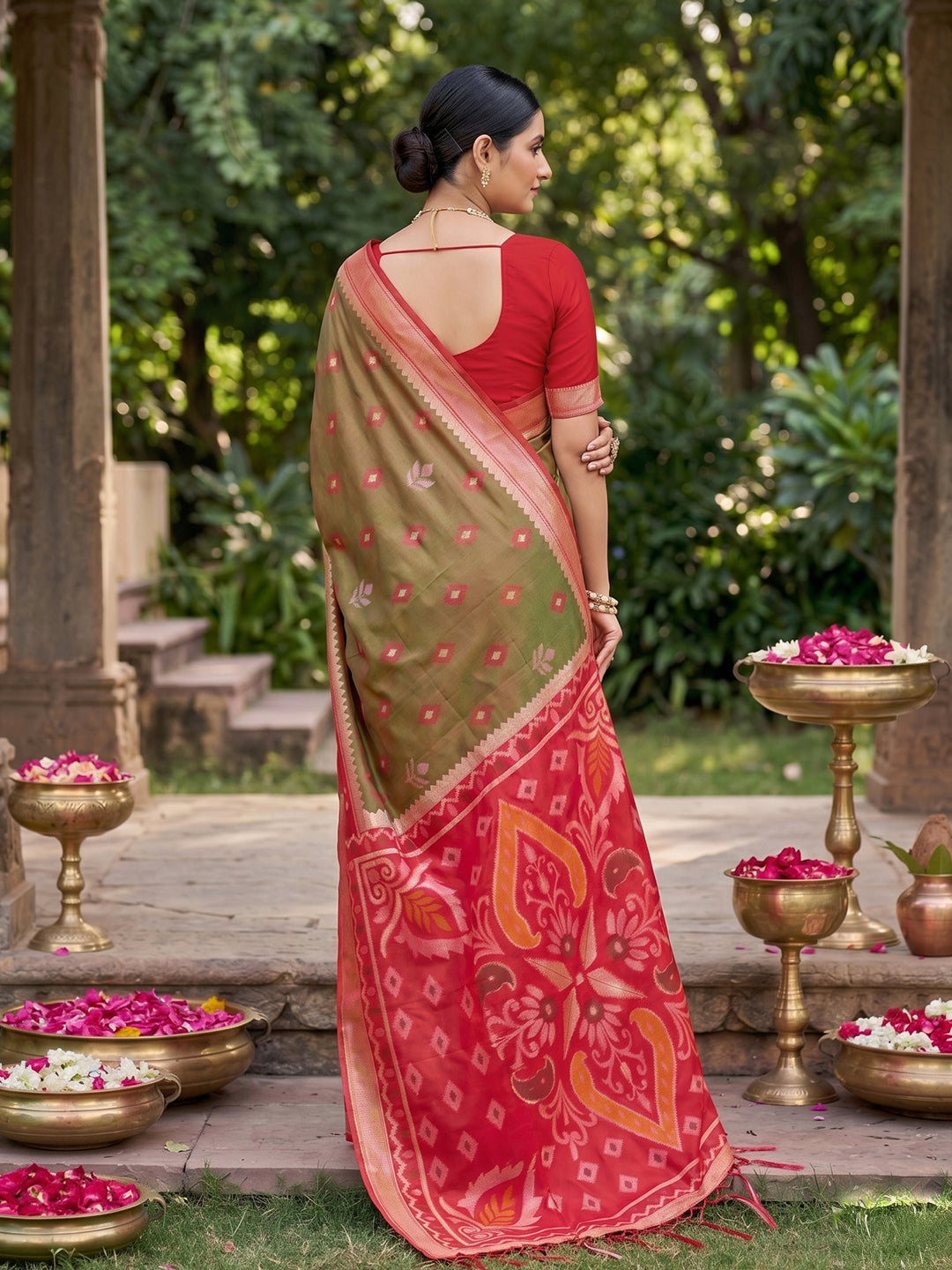 Sutriti Olive Green Pochampalli Silk Saree | Elegant Traditional Wedding & Festive Wear Saree