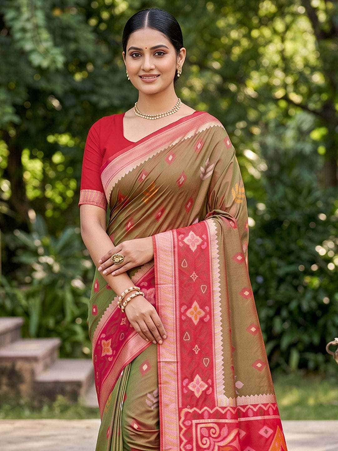 Sutriti Olive Green Pochampalli Silk Saree | Elegant Traditional Wedding & Festive Wear Saree