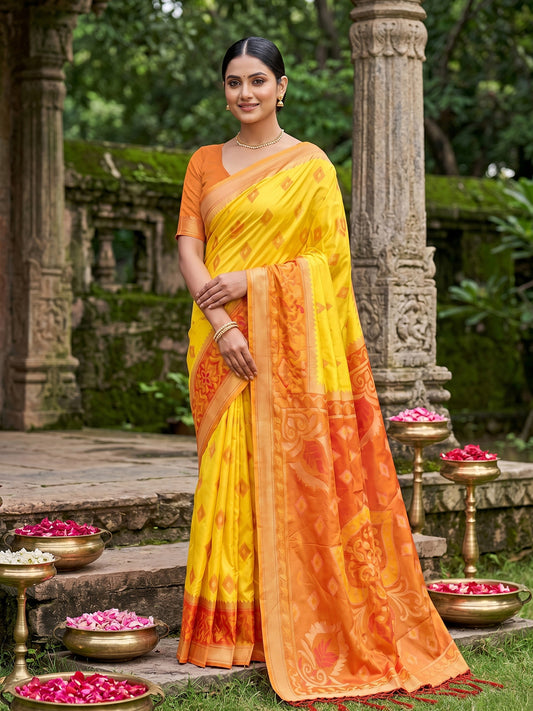Sutriti Yellow Pochampalli Silk Saree | Elegant Traditional Wedding & Festive Wear Saree