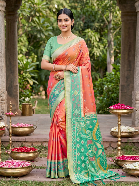 Sutriti Orange Pochampalli Silk Saree | Elegant Traditional Wedding & Festive Wear Saree