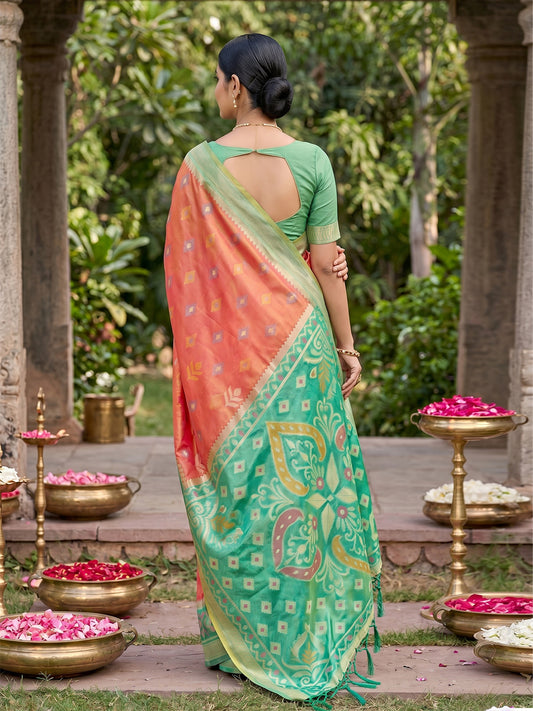 Sutriti Orange Pochampalli Silk Saree | Elegant Traditional Wedding & Festive Wear Saree