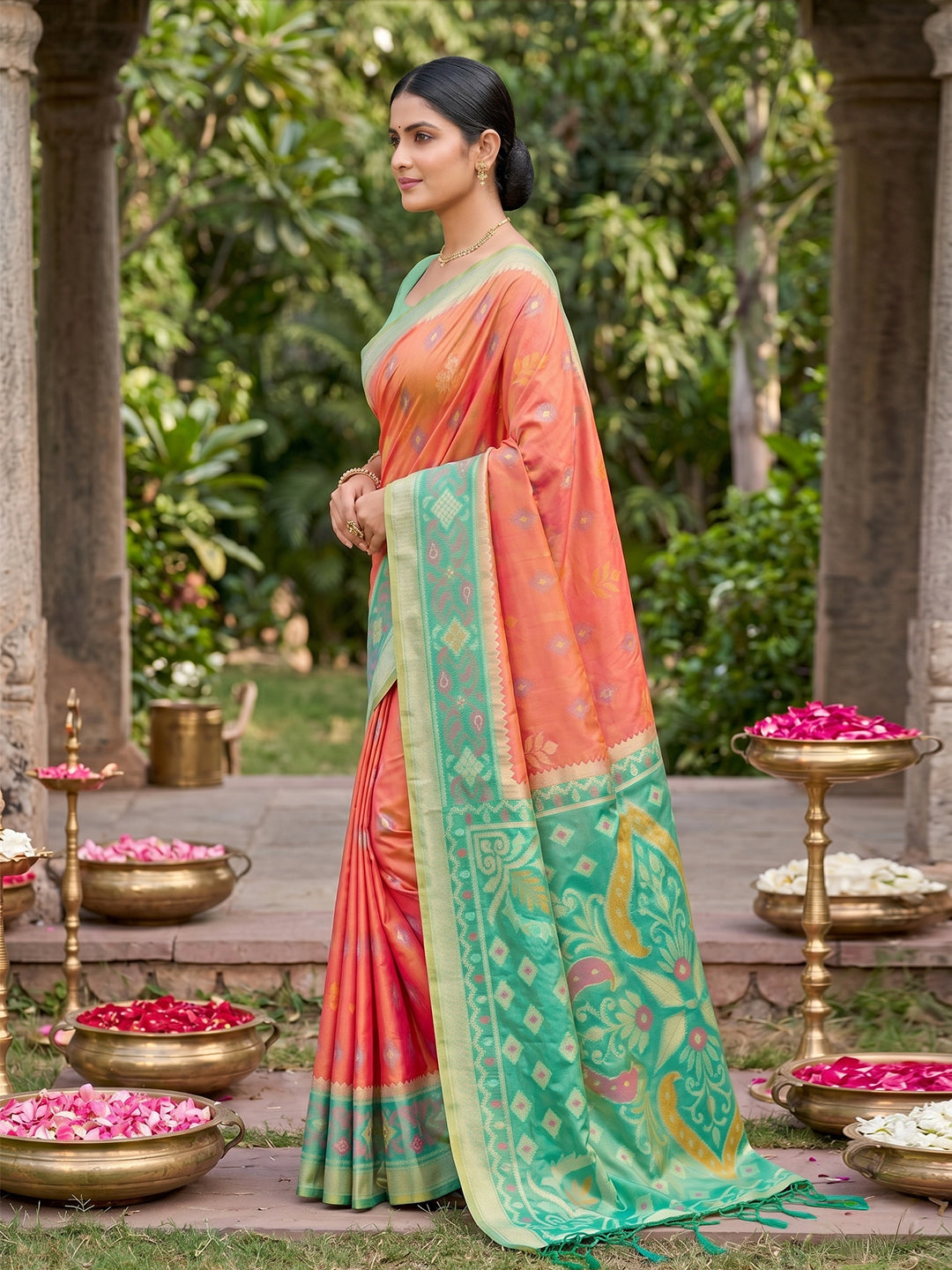 Sutriti Orange Pochampalli Silk Saree | Elegant Traditional Wedding & Festive Wear Saree