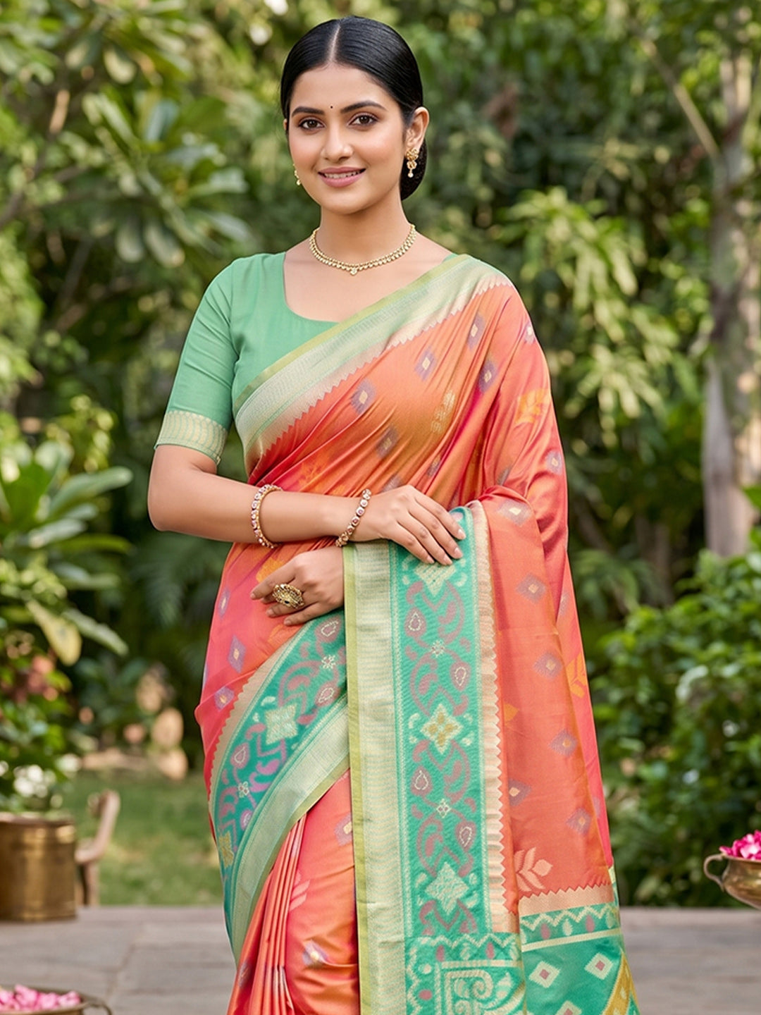 Sutriti Orange Pochampalli Silk Saree | Elegant Traditional Wedding & Festive Wear Saree